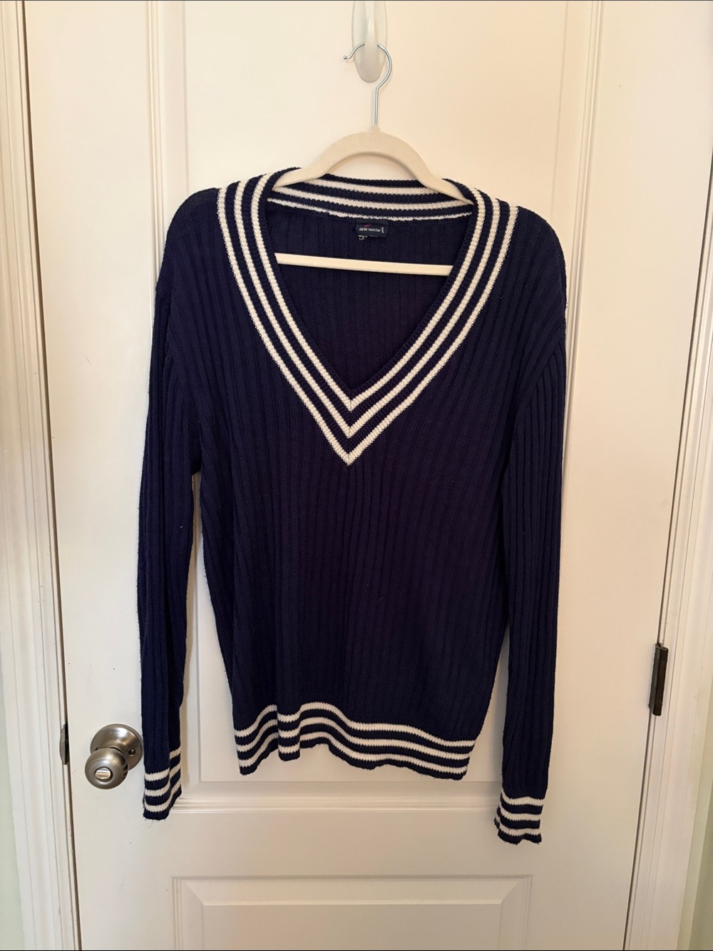 Daniel Hechter Navy V-Neck Sweater with White Stripe Trim